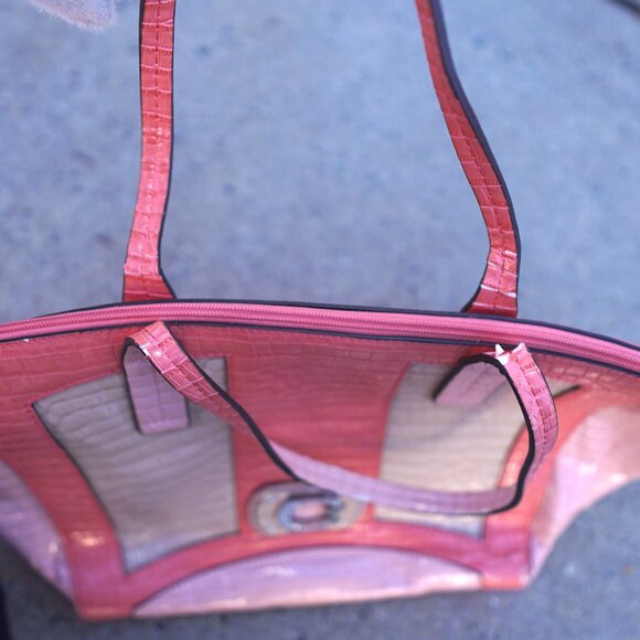 Guess Y2K Patent Croc Tote Bag Pink Beige Large Logo Glam Shoulder Bag - Picture 9 of 11